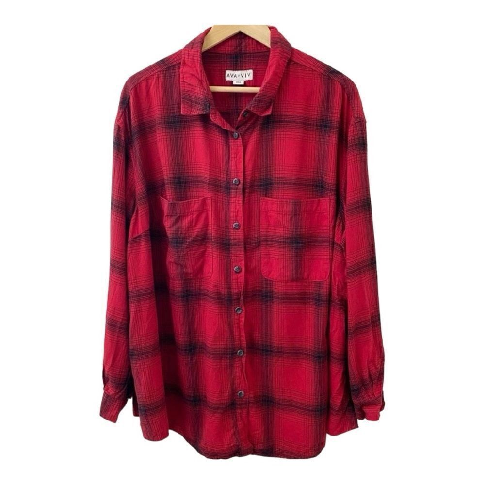 AVA & VIV  Long Sleeve Button Down Flannel 1x Red Plaid